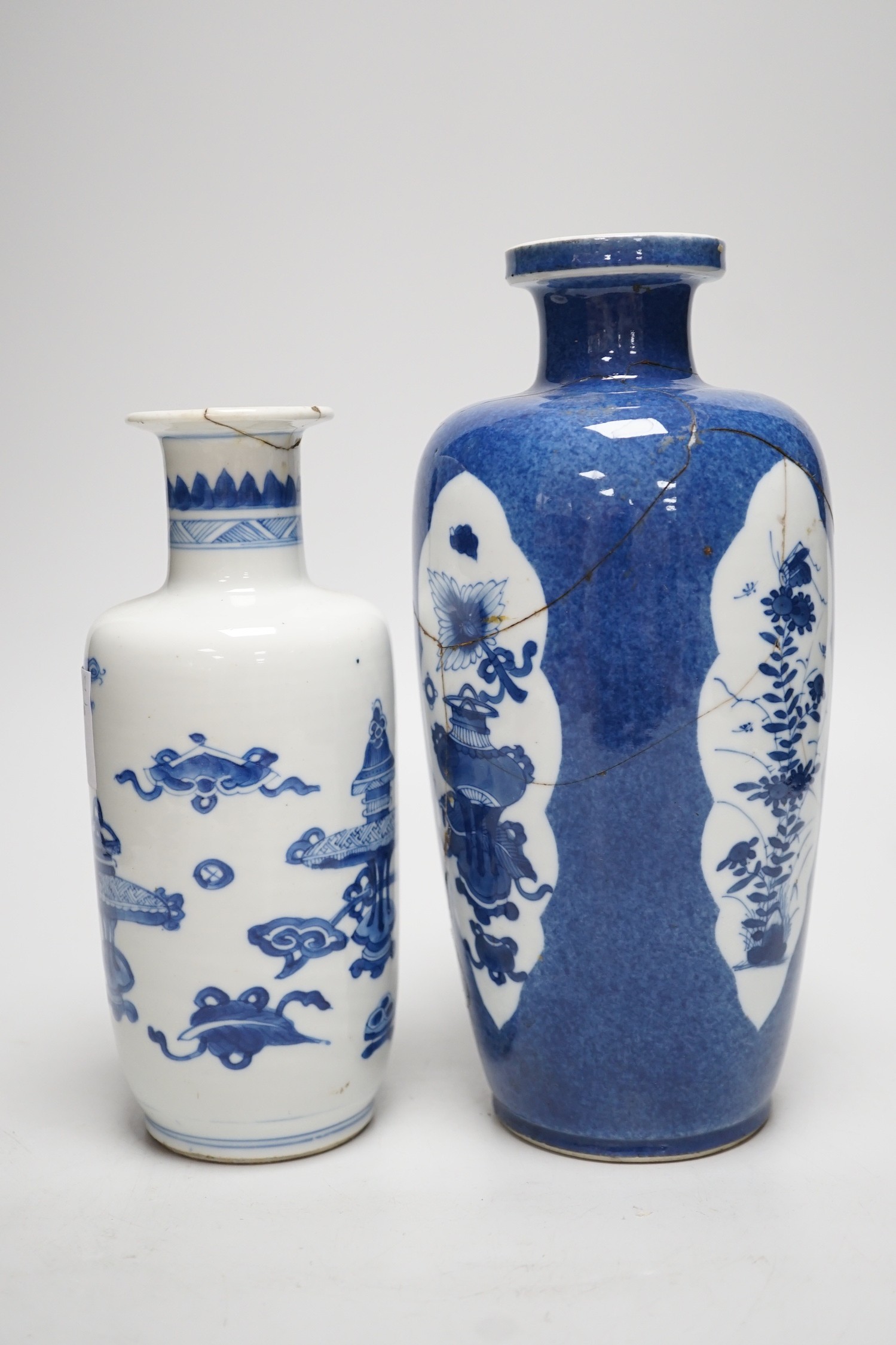 A Chinese blue and white ‘precious objects’ export vase, together with a Chinese powder blue export vase, open vignettes (a.f.) tallest 24.5cms